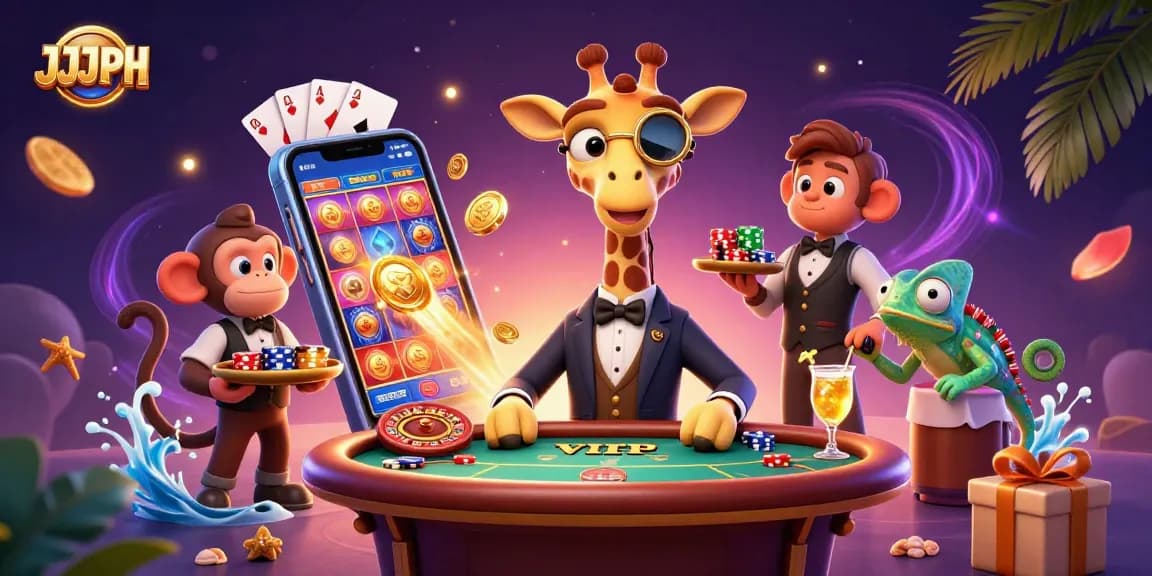 Experience vibrant gaming action with JJJPH in this lively casino scene featuring unique characters.