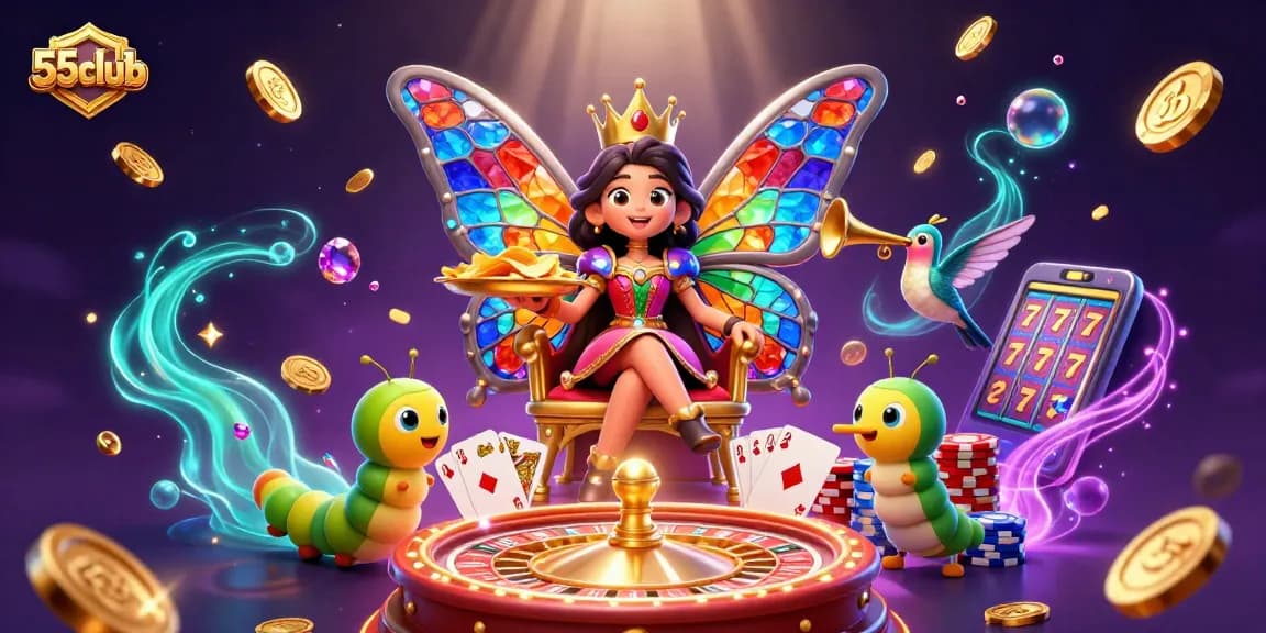 Experience the excitement of 55club with a vibrant 3D illustration of casino elements and characters.