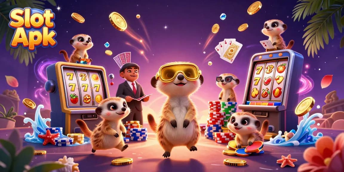 Experience excitement with Slot Apk, as meerkats run a dynamic casino scene filled with vibrant gambling elements.