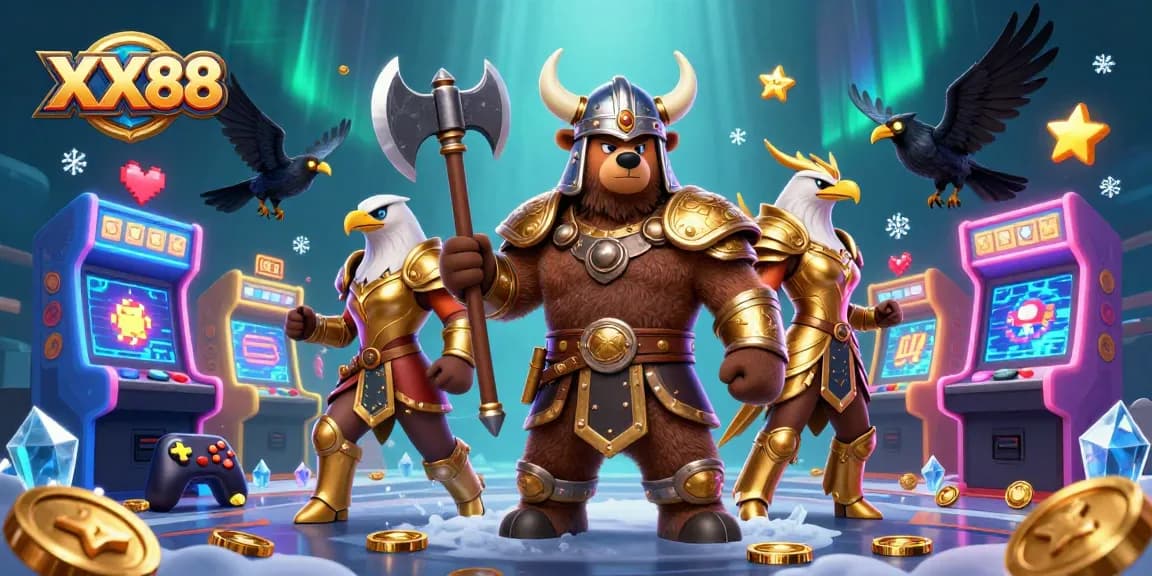 Engage with XX88's vibrant world featuring a berserker bear, Valkyrie eagle, and arcade elements in an extraordinary casino setting.