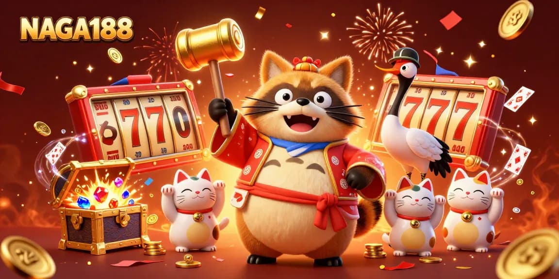 NAGA188 menawarkan suasana permainan menyenangkan dengan tanuki, crane, dan kucing keberuntungan dalam kasino.