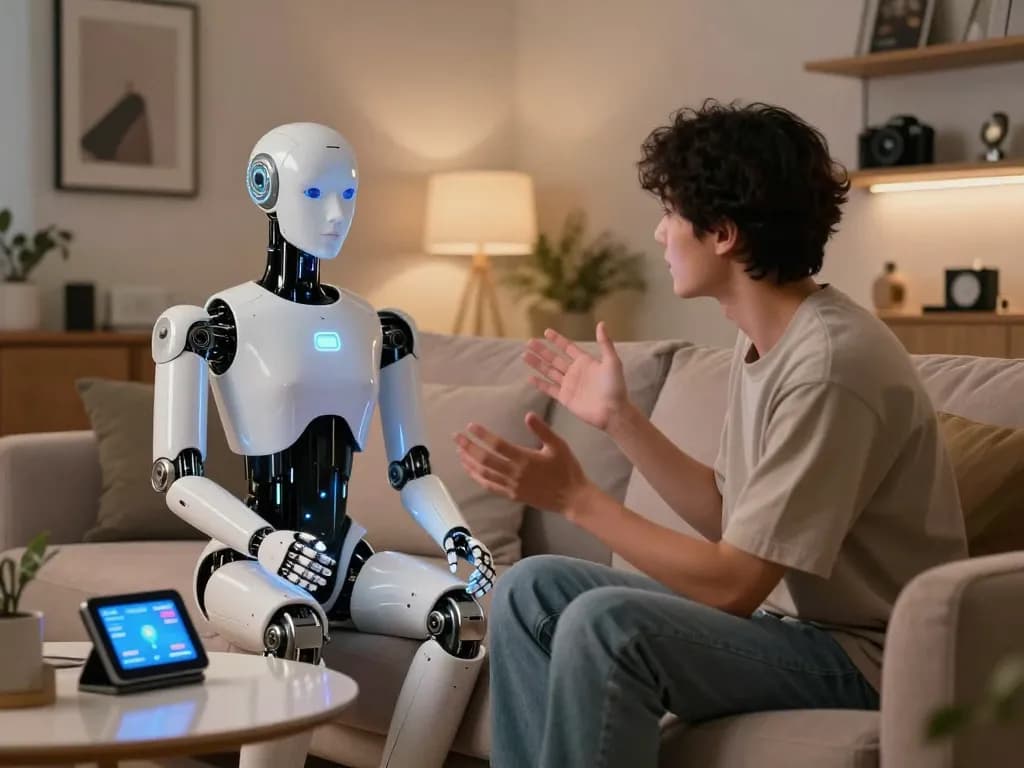 Person engaging with a lifelike sex bot in a modern lounge, showcasing advanced technology and companionship.