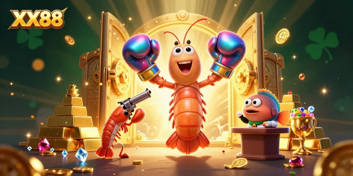 Experience winning at XX88 casino with vibrant shrimp characters surrounded by treasures and glamorous game elements.