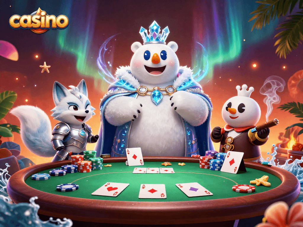 Engage in thrilling casino action with a vibrant 3D illustration of a polar bear king and his silver fox companion.