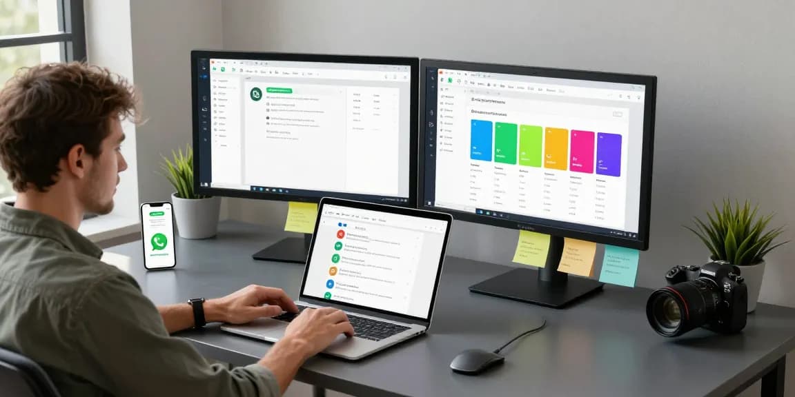 User interacting with WhatsApp網頁版 on a laptop in a modern workspace, showcasing productivity and technology integration.