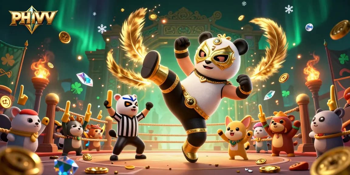 Experience excitement with PHVVV as the panda wrestler performs a thrilling kick in an action-packed casino arena.