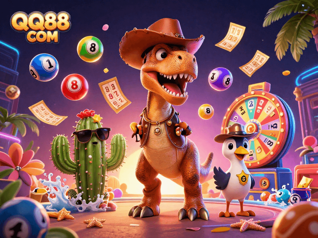 Join the excitement with QQ88 COM's vibrant lottery scene featuring a T-Rex, cactus sidekick, and animated elements.