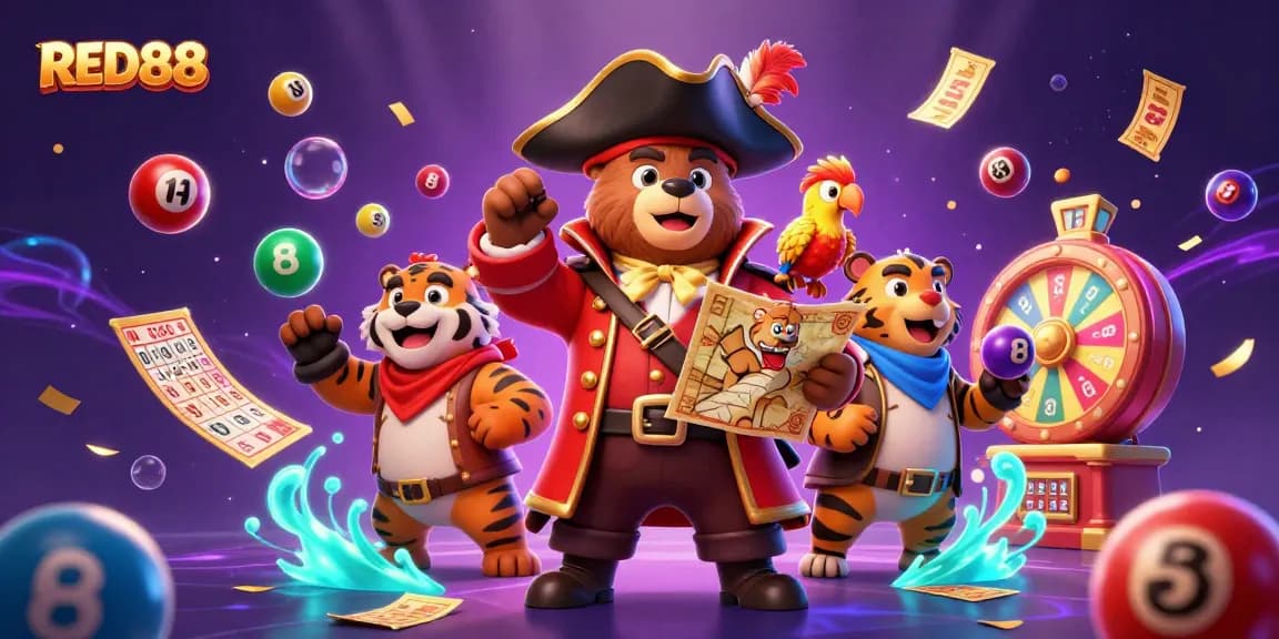 Engage in thrilling games at RED88 with vibrant lottery elements and exciting pirate characters.