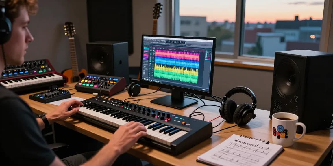 Musician composing electronic music with SC88 sound module and vibrant studio setup