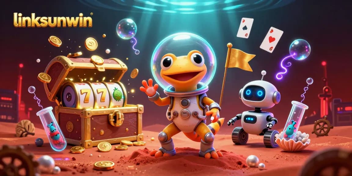 Experience linksunwin excitement with a 3D Martian gecko discovering a golden casino amidst vibrant gambling elements.