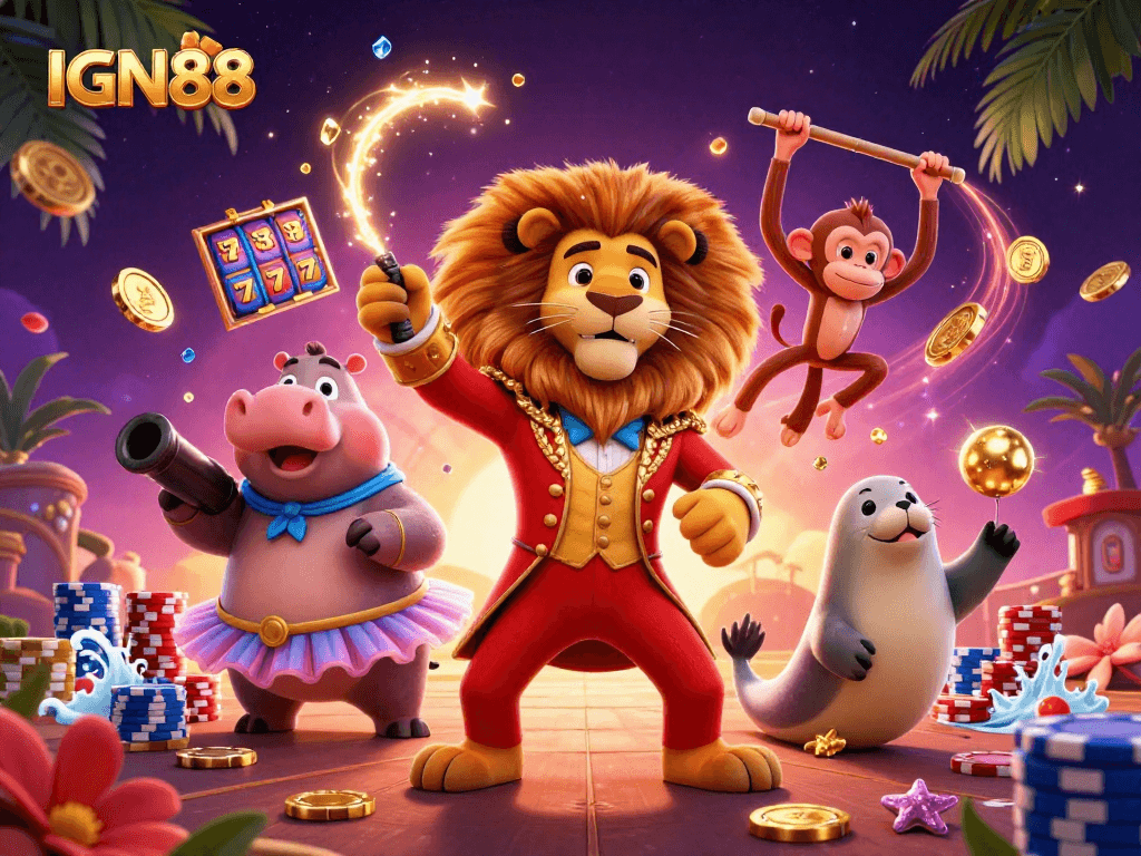Experience the excitement of slot games with IGN88's dazzling casino scene filled with vibrant characters and golden coins.