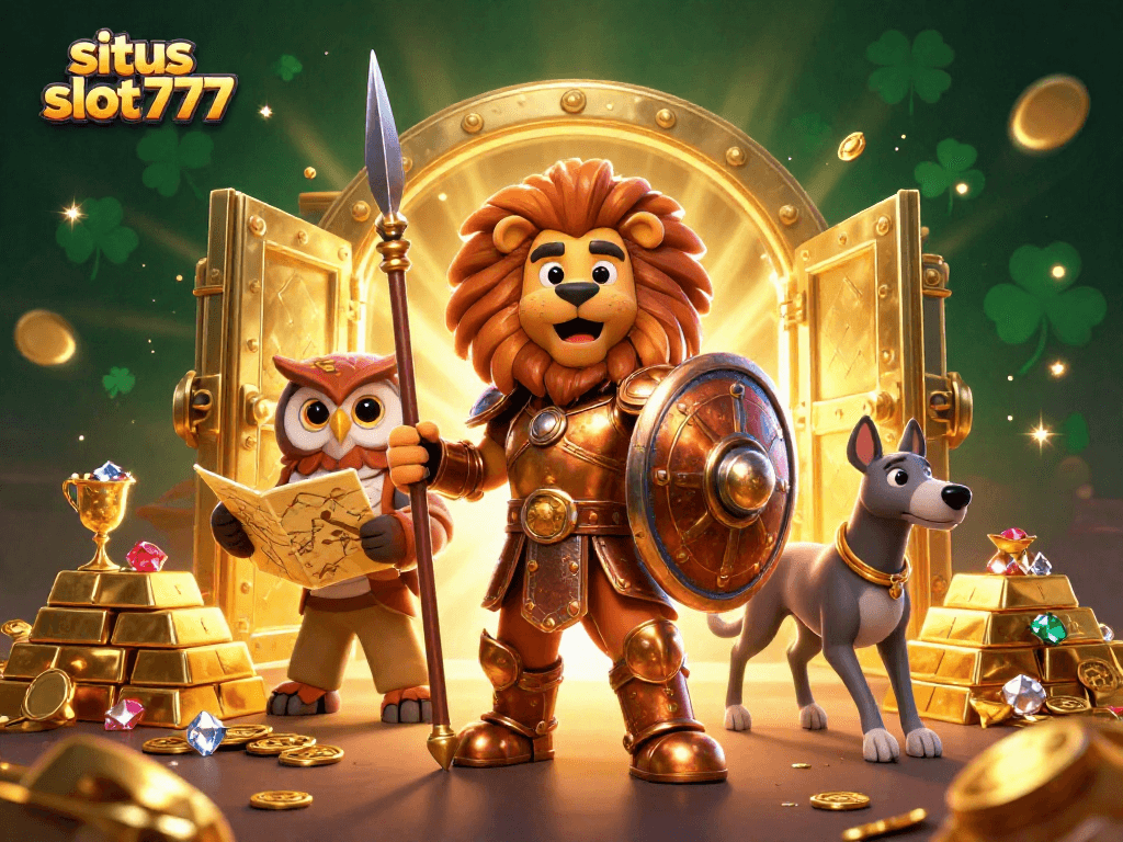 Sparkling scene of situs slot777 with a Spartan lion, strategic owl, and swift greyhound among treasure and jewels.