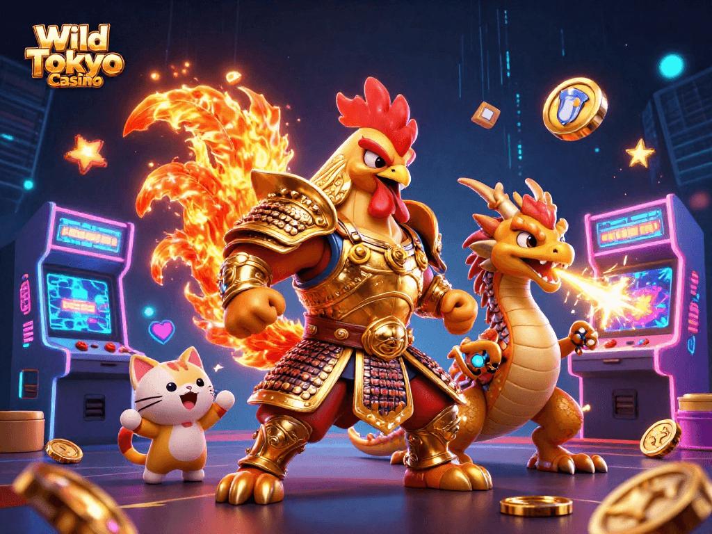 Scopri il Wild Tokyo Casino con il guerriero gallo in armatura e un drago mentre giocano ai giochi d'azzardo.