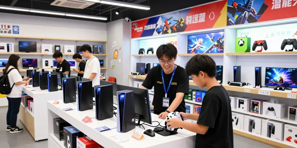 Engaged customers exploring rokok88 gaming products in a vibrant retail environment.