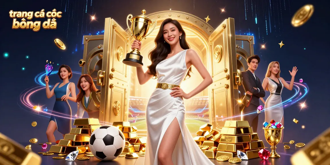 Experience trang cá cược bóng đá with a confident winner holding a trophy amidst vibrant betting elements.