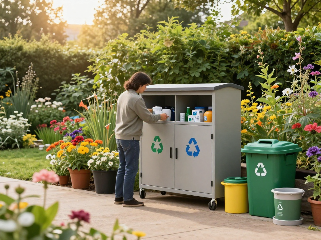 Armadio terry ecocab 3 in un giardino, organizzando materiali riciclabili in un ambiente sostenibile.
