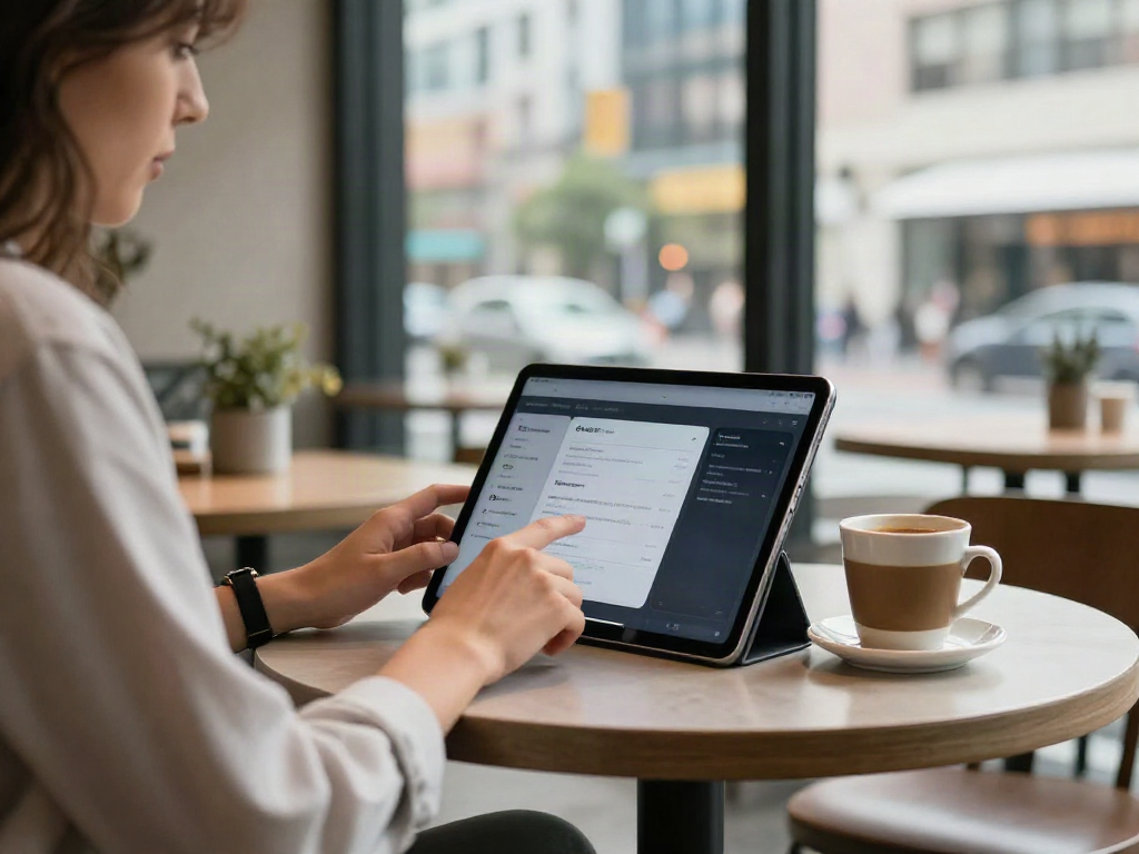 rokok88 login interface shown on a tablet at a stylish café, blending work and leisure