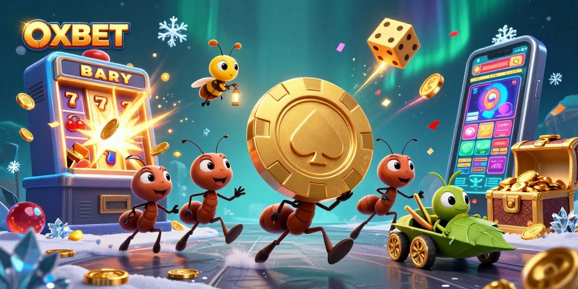 Engaging OXBET mascot scene with 3D ants carrying a giant chip amidst casino elements in vibrant detail.