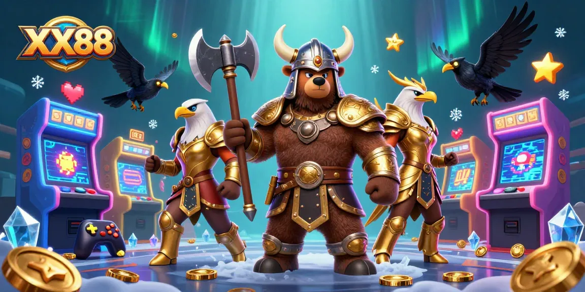 Engage with XX88's vibrant world featuring a berserker bear, Valkyrie eagle, and arcade elements in an extraordinary casino setting.