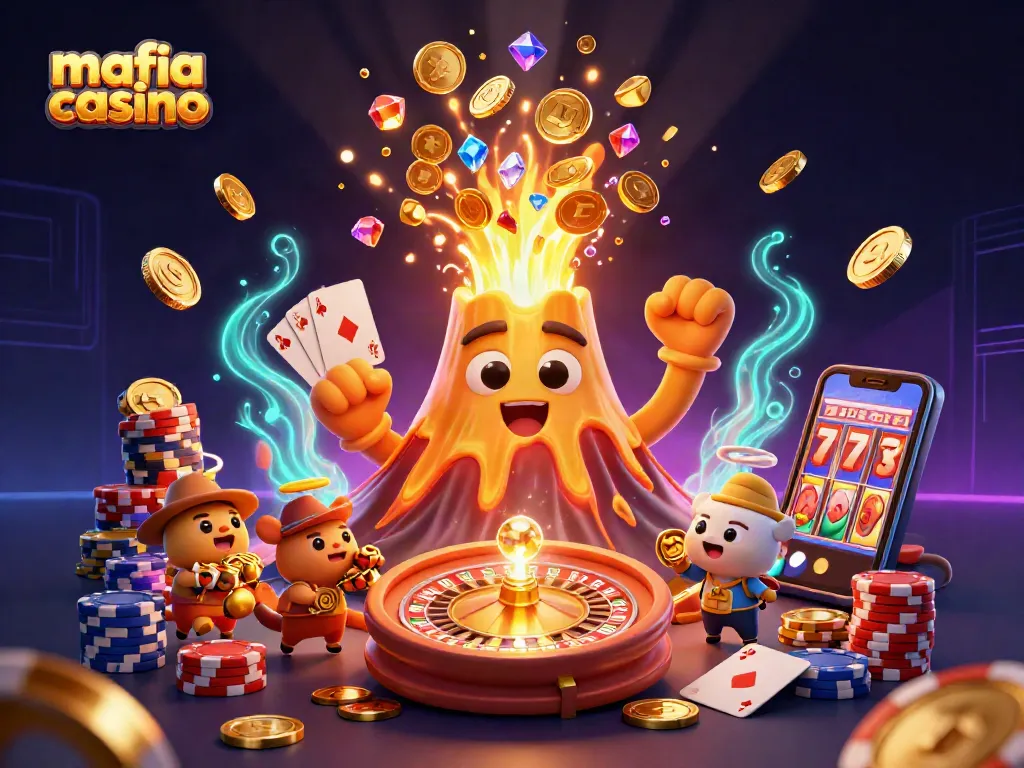 Mafia casino showcases a triumphant volcano erupting treasures, with dynamic casino games and vibrant elements enhancing excitement.