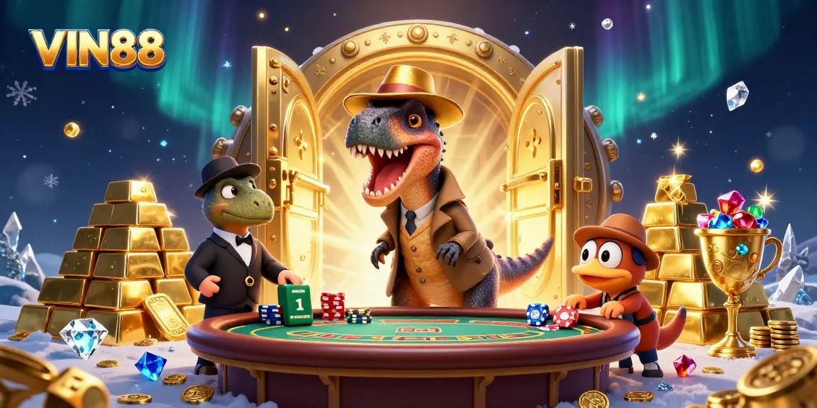 VIN88 showcases a playful velociraptor card counter at blackjack amid dazzling casino treasures.
