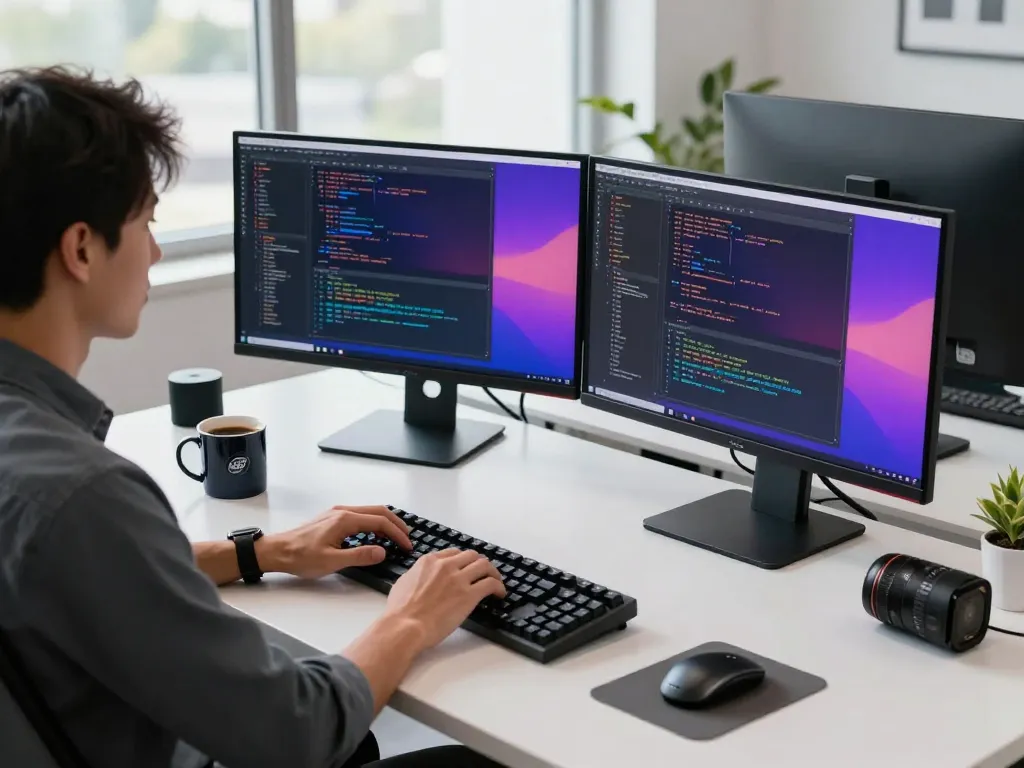 Developer using a Mac Mini in a modern workspace with dual monitors and tech gadgets.