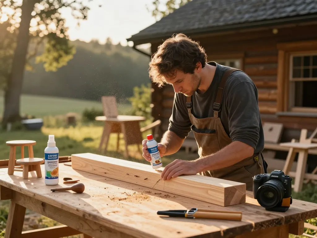 Artigiano che applica antitarlo ecologico in un laboratorio di legno, garantendo un trattamento di qualità per il legno.
