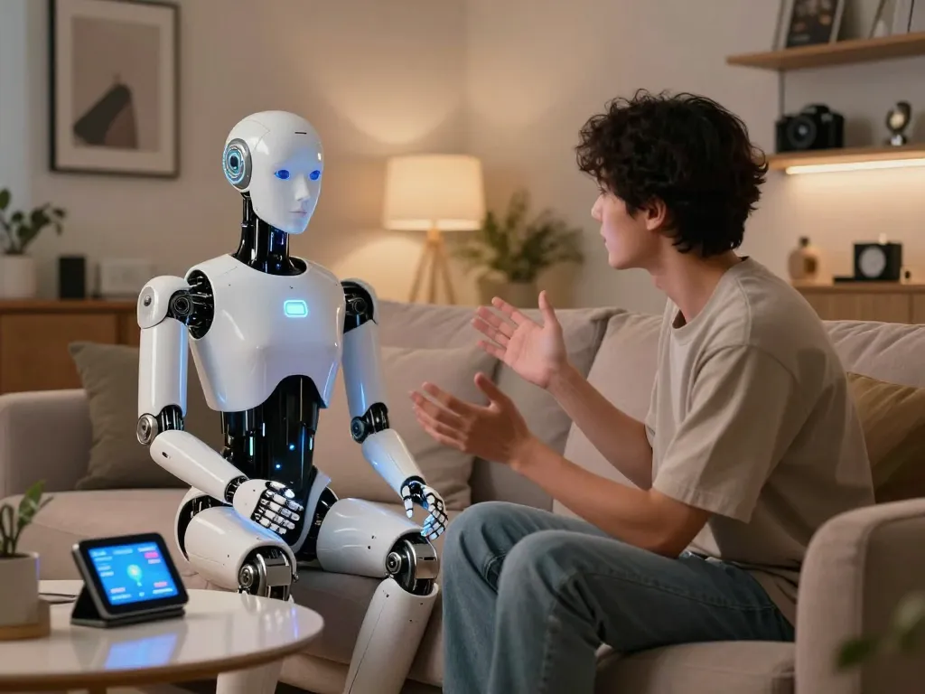 Person engaging with a lifelike sex bot in a modern lounge, showcasing advanced technology and companionship.