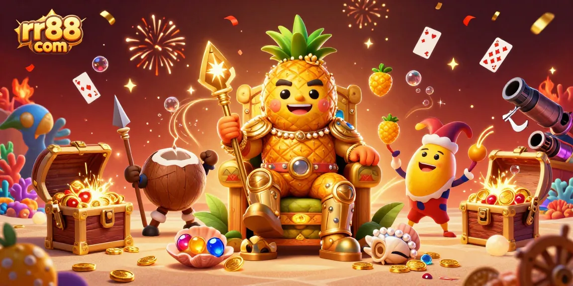 Spin and win at rr88 com, featuring a golden pineapple king overseeing a vibrant beach casino scene.