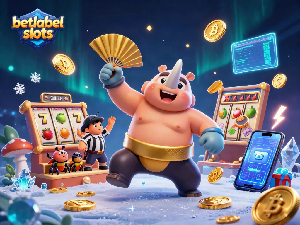 Experience the excitement of betlabel slots with a vibrant 3D illustration featuring a sumo beetle champion and casino elements.