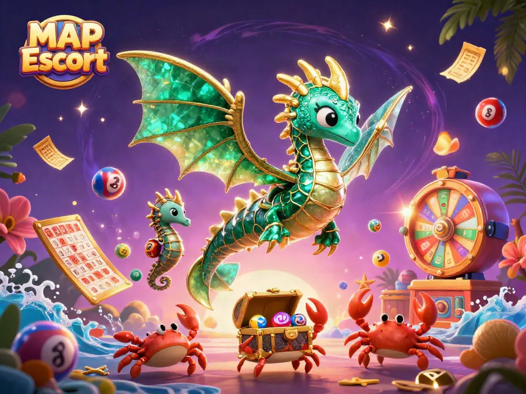 Engage with MAP Escort through a vivid 3D scene of eclectic gaming elements and characters.