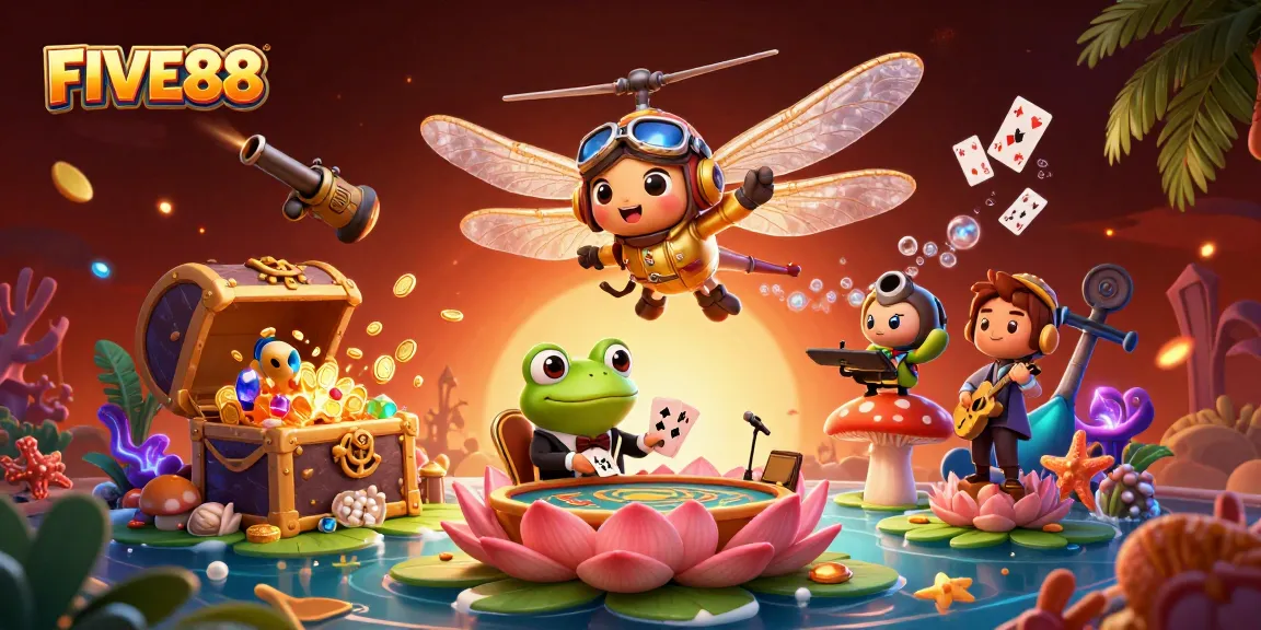 Experience the excitement of FIVE88 with a lively dragonfly pilot and frog dealer in a vibrant casino scene.