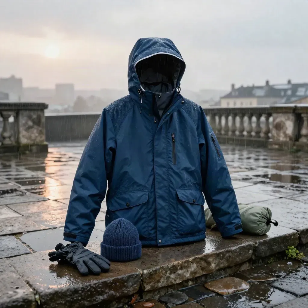 Parka blu impermeabile su terrazza bagnata con berretto, guanti e sacca comprimibile nella pioggia.