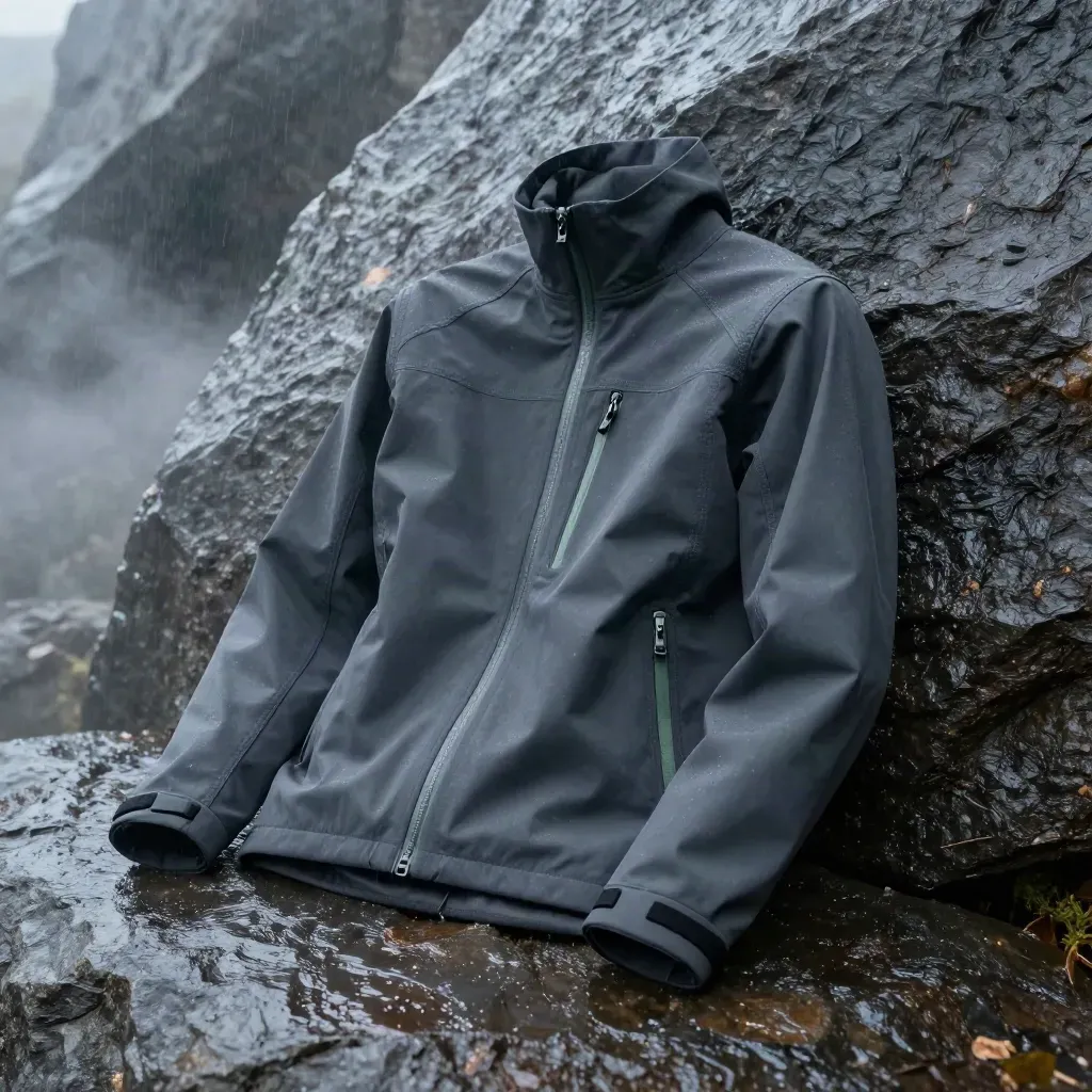 Giacca softshell grafite su basalto bagnato con foschia e luce radente.