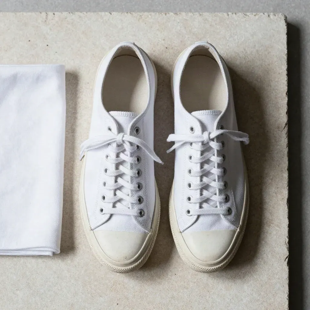Coppia di sneaker bianche in tela su pietra chiara, viste dall’alto con lacci morbidi.