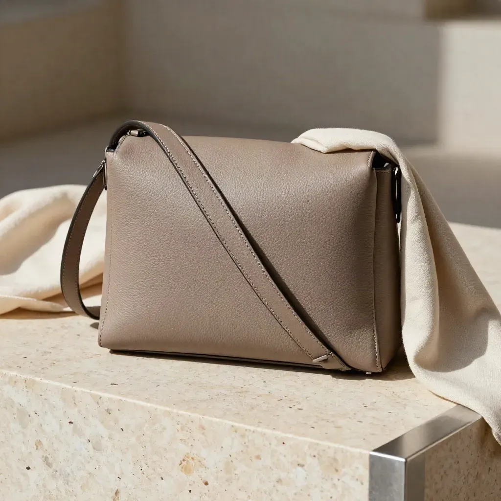 Borsa taupe in pelle su travertino, accanto a una sciarpa di lino.