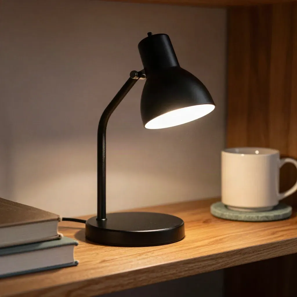 Lampada LED nera su mensola in rovere con libri chiusi e tazza in ceramica, luce calda.