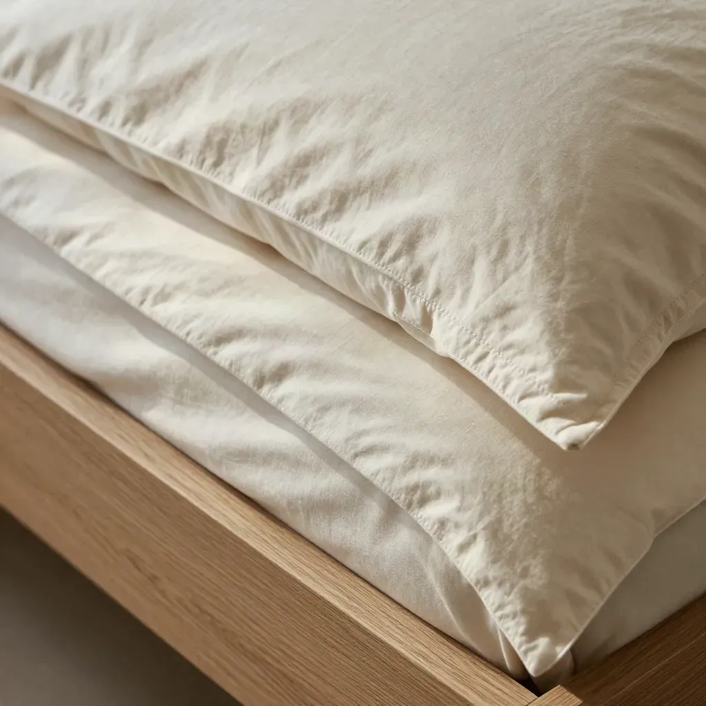 Set di lenzuola avorio su letto in rovere chiaro, pieghe morbide e federa arrotolata.