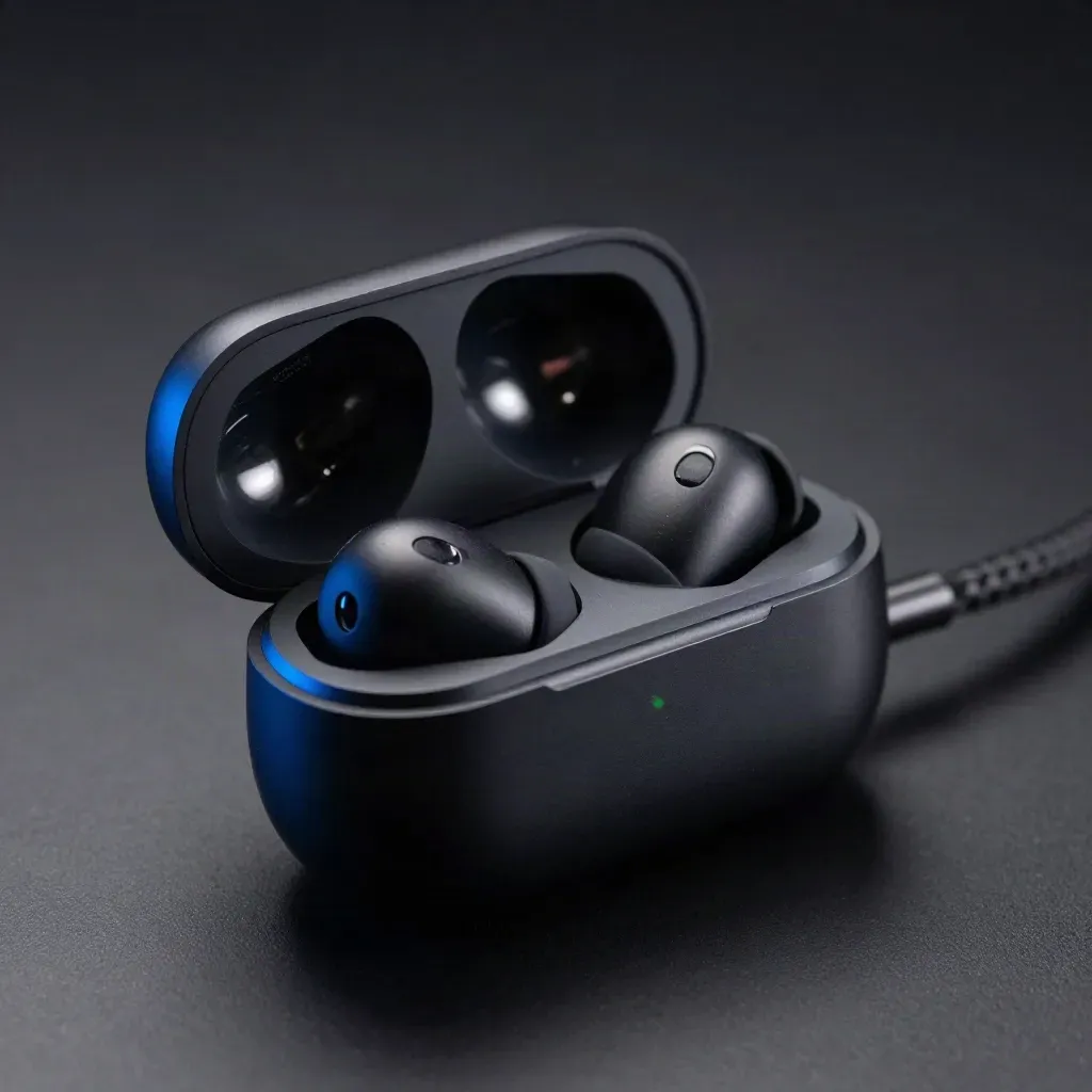 Cuffie Bluetooth mini nere in case aperto su fondo nero, con luce blu drammatica