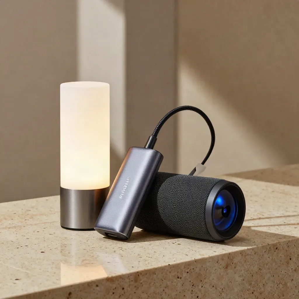 Tre dispositivi per casa e scrivania su pietra chiara, con luce blu e look premium