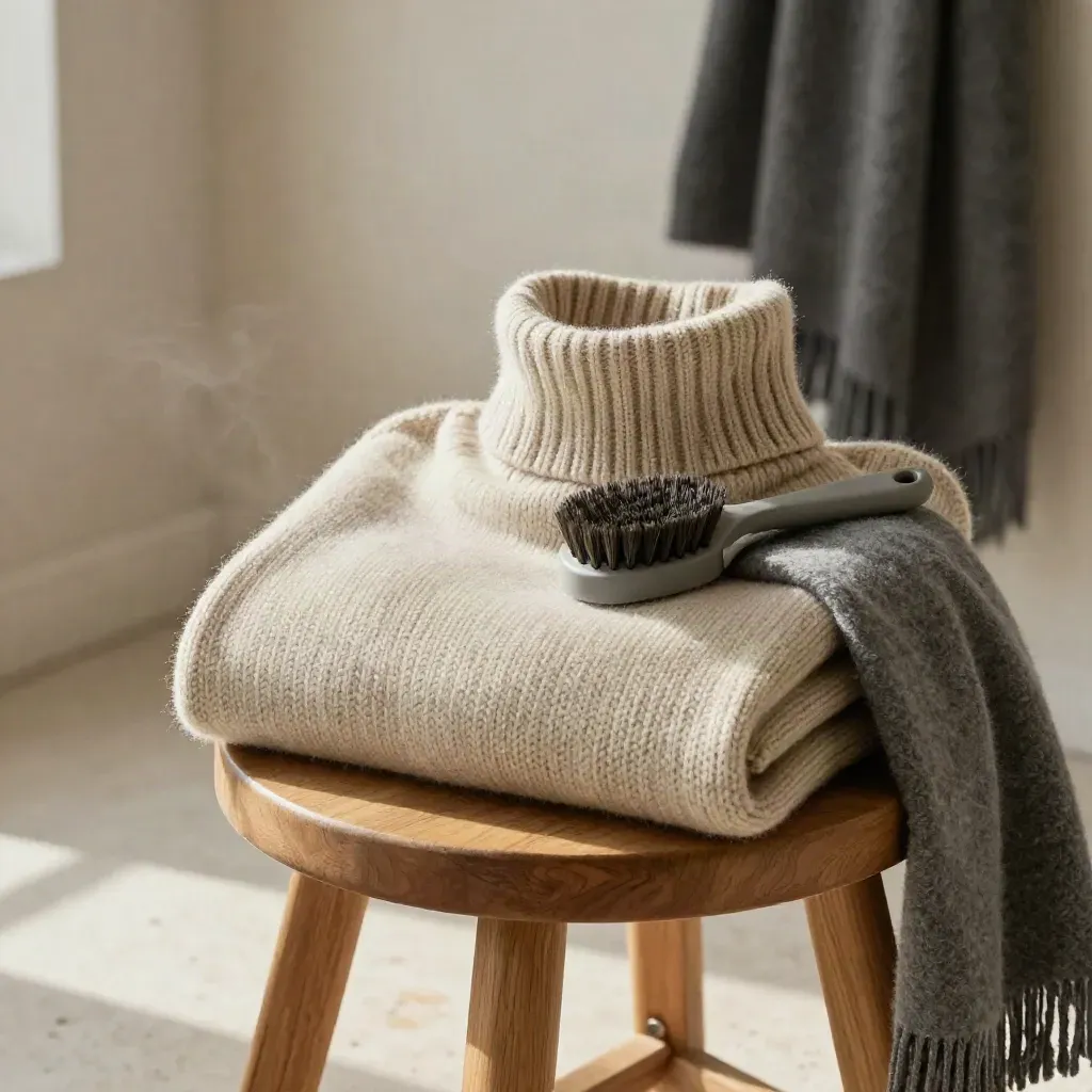 Maglione a collo alto in lana avena su sgabello di rovere con sciarpa e spazzola tessile