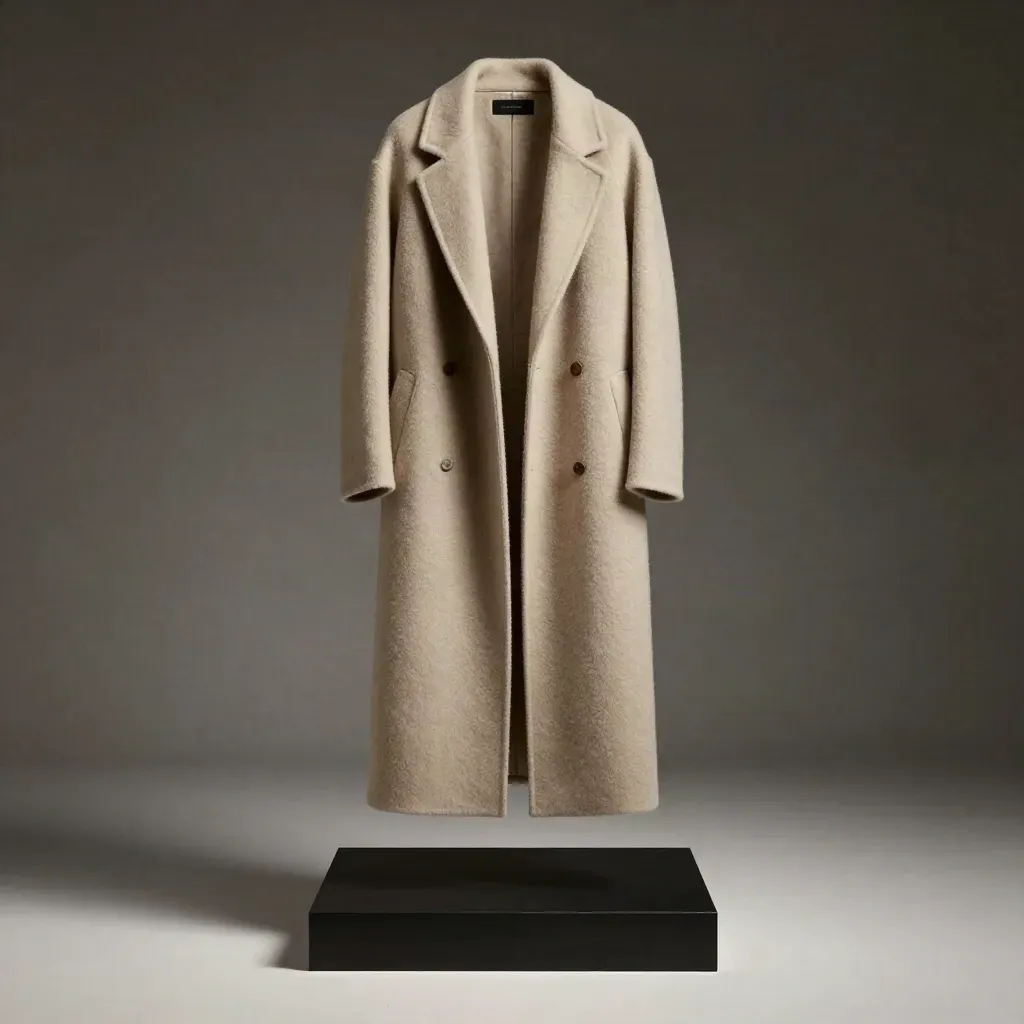 Cappotto leggero beige sabbia in studio scuro, ripreso dal basso con luce bianca e atmosfera polverosa