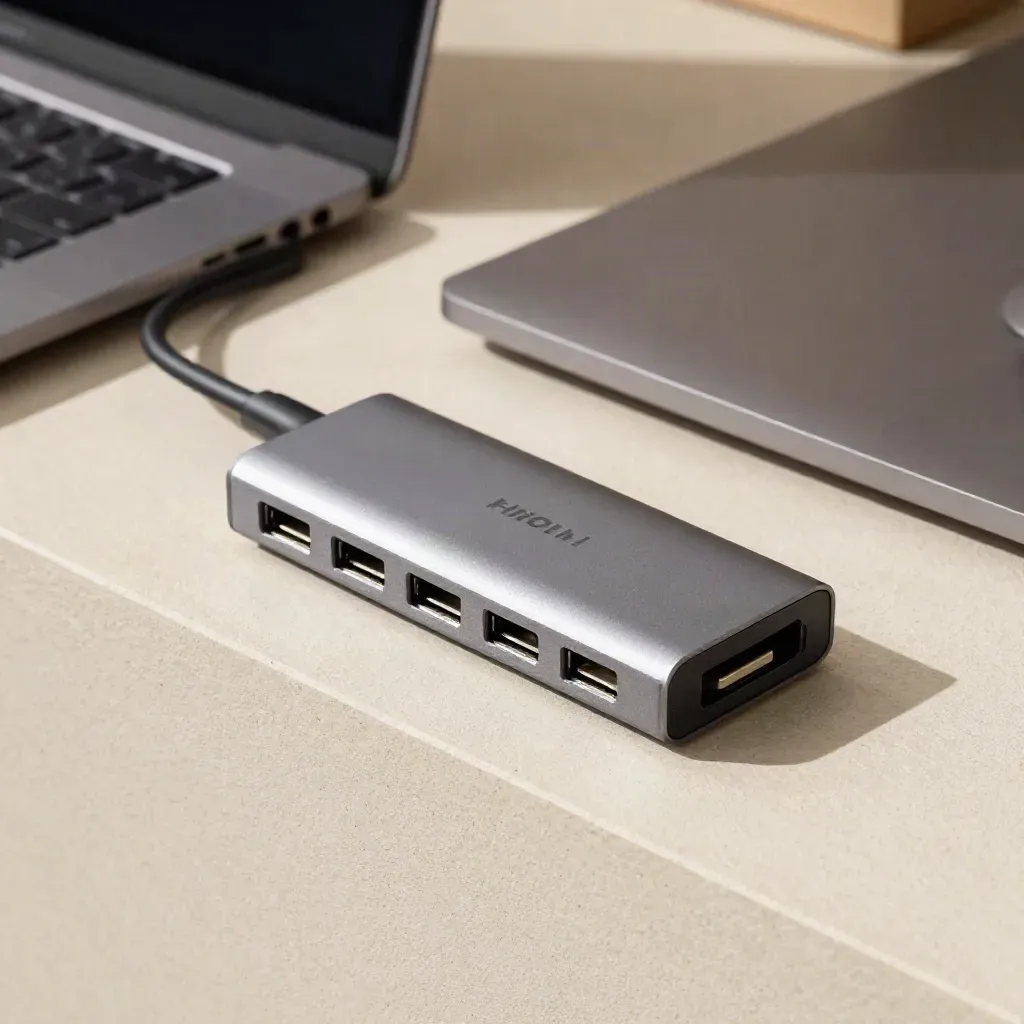 Hub USB-C in alluminio accanto a laptop chiuso e mouse neutro su pietra chiara.