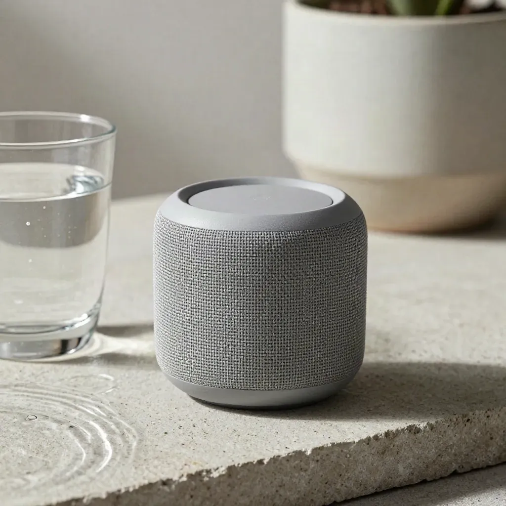 Speaker Bluetooth mini su lastra di pietra, acqua increspata, luce morbida e aria fresca.