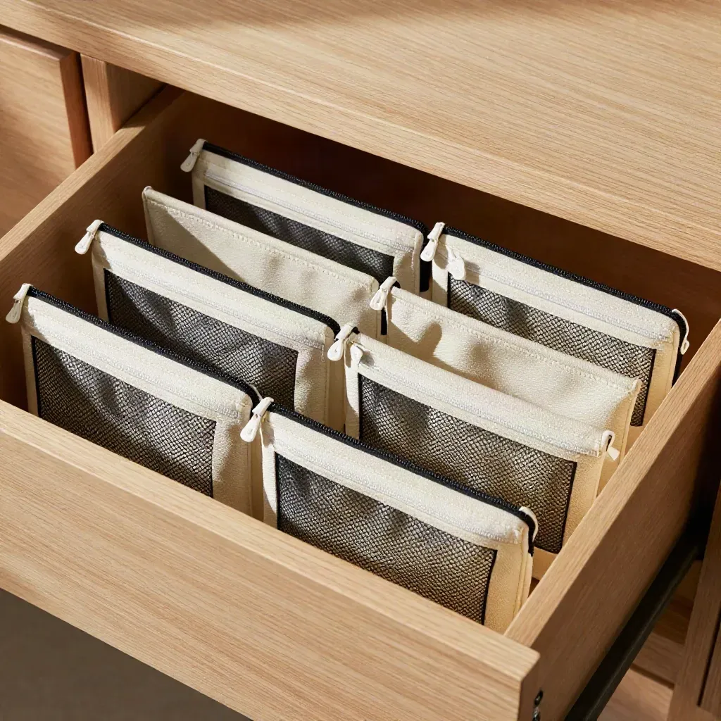 Organizer per cassetti in tessuto e mesh ordinati in un cassetto di legno chiaro.