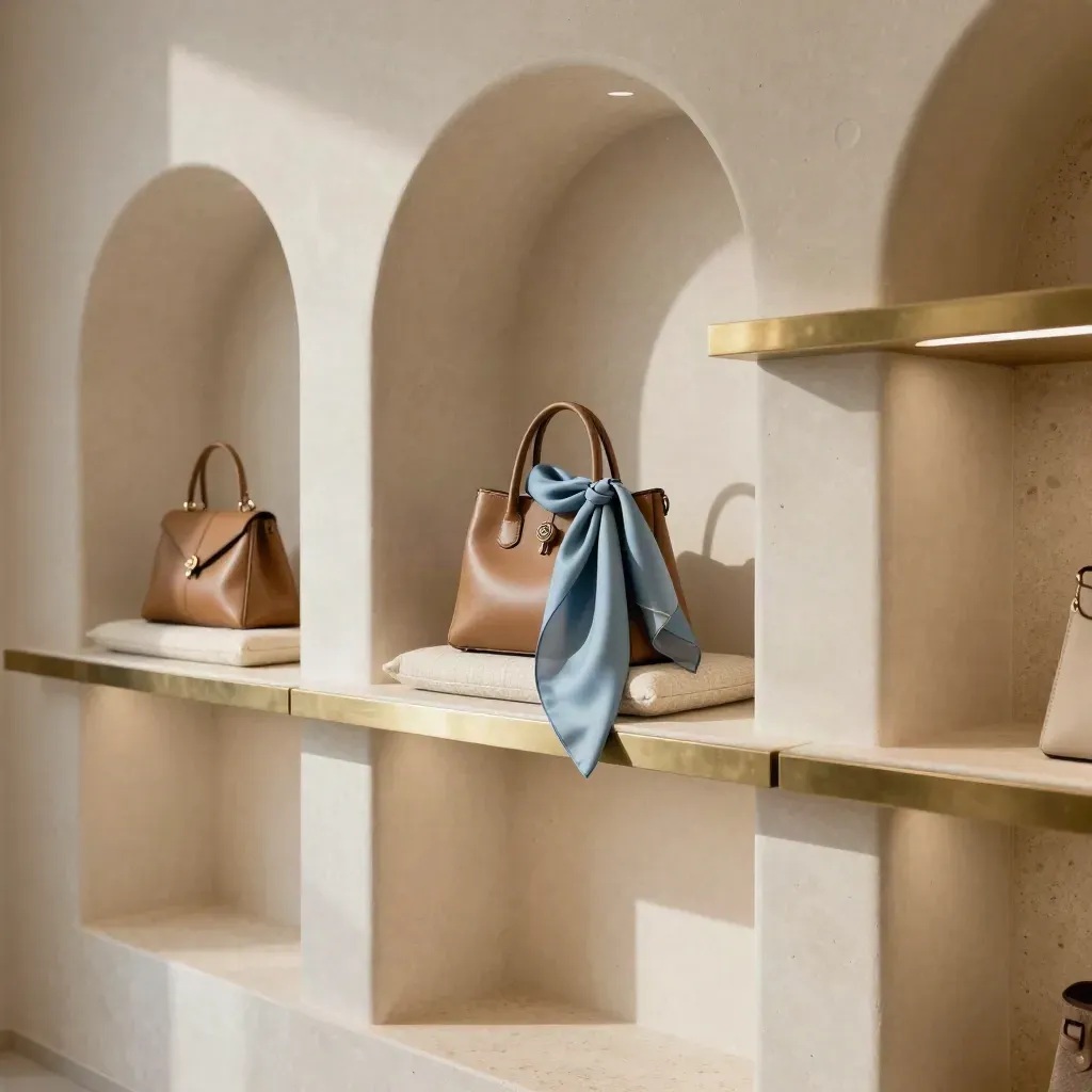Boutique luminosa con borsa, orecchini e foulard su nicchie in travertino, luce soffusa