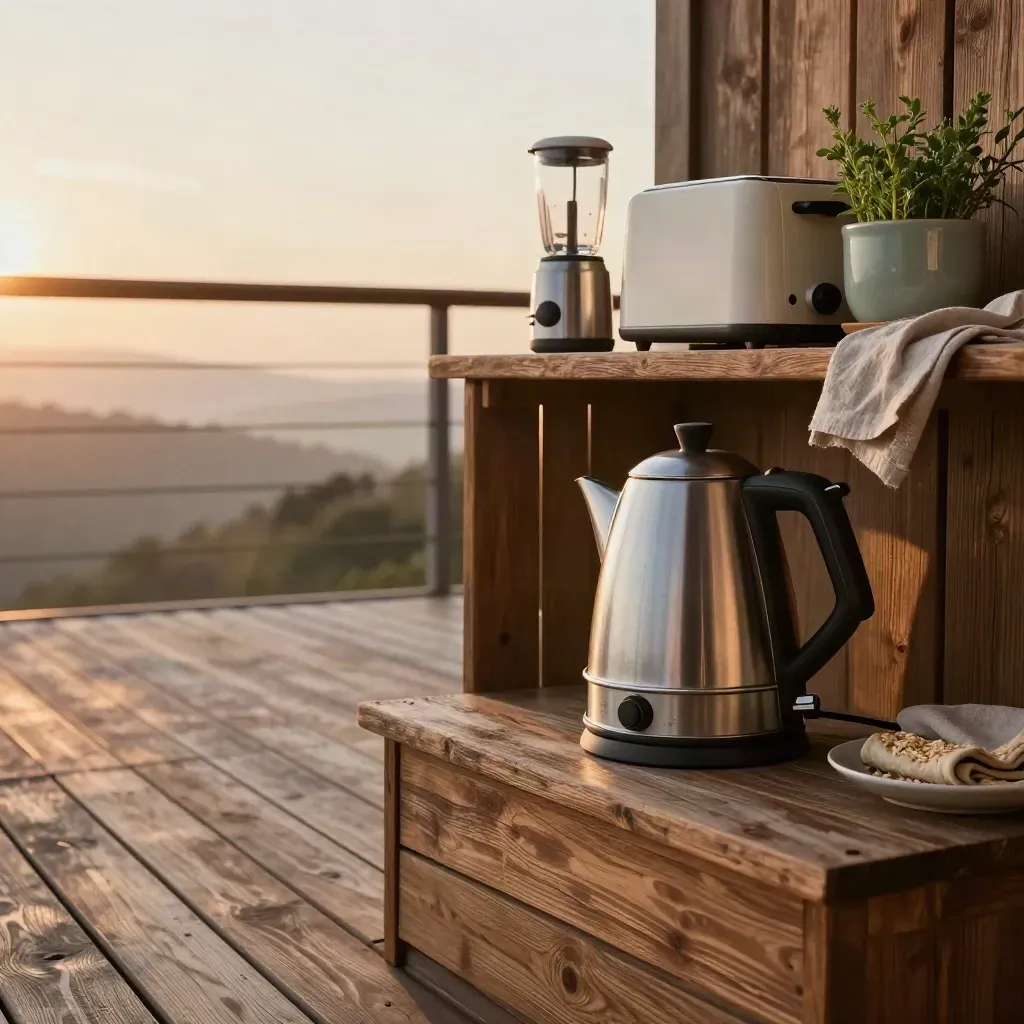 Terrazza al tramonto con piccoli elettrodomestici su tavolo in legno e cielo morbido