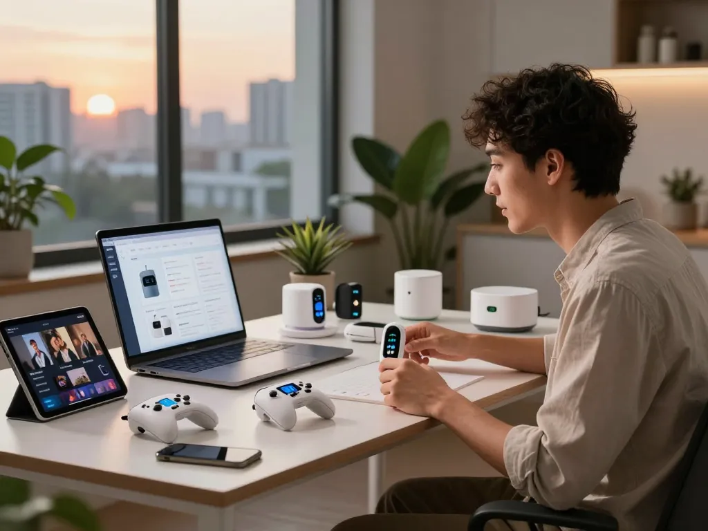 Engaging scene showcasing top 10 tech gadgets 2066 in a modern workspace with Bluetooth gadgets and vibrant city skyline.