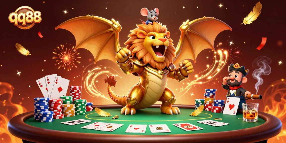Experience thrilling gameplay with qq88 casino as a golden chimera and mouse jockey celebrate atop poker chips, capturing the excitement.
