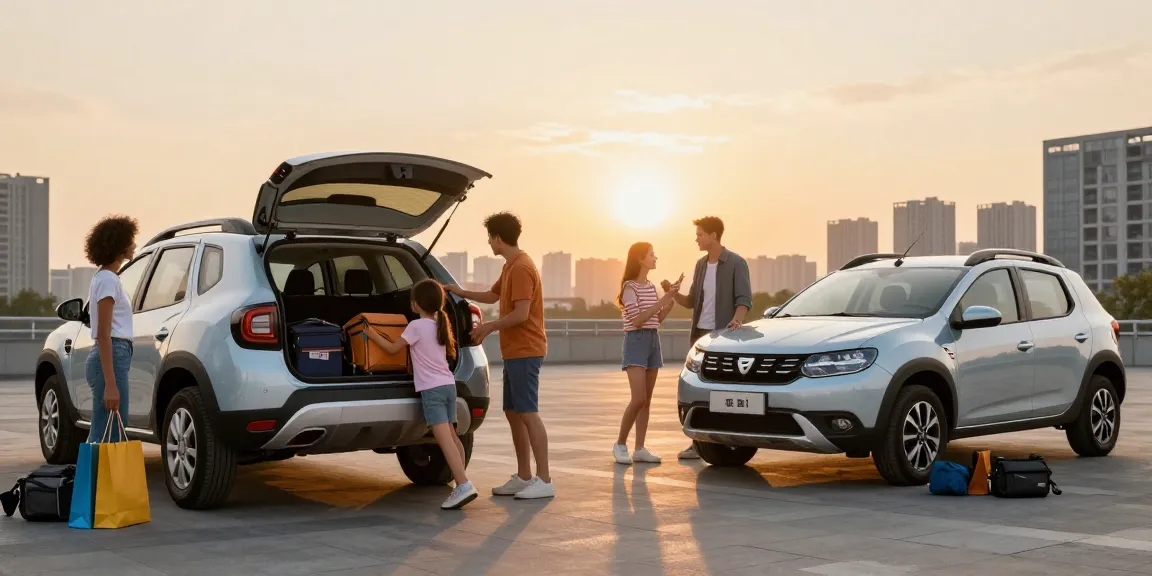 Noleggio lungo termine Dacia con famiglia che carica valigie nel Duster e coppia che esplora Sandero.